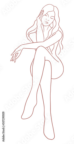 Nude woman sitting with long legs crossed. Line art vector illustration of naked lady