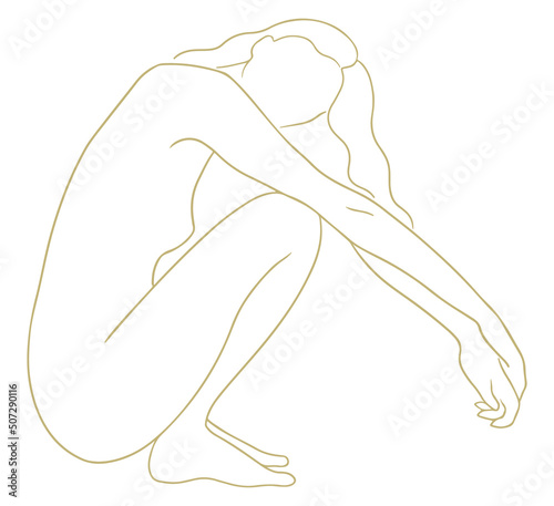 Naked woman sitting sideways. Vector line art illustration