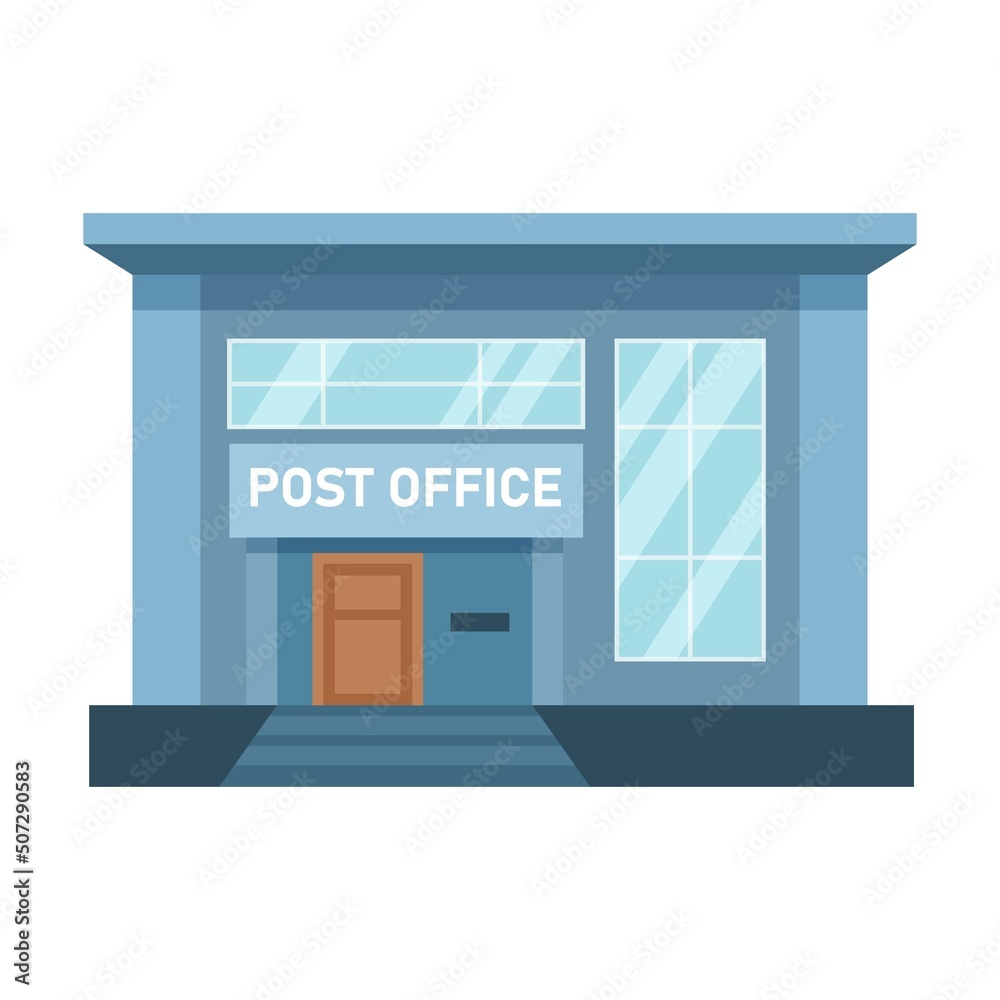 Post office exteriors of city building. Vector illustration of houses with facades. Cartoon museum hospital school supermarket. Cityscape, urban concept Post office exteriors of city building. Vector illustration of houses with facades. Cartoon museum hospital school supermarket. Cityscape, urban concept