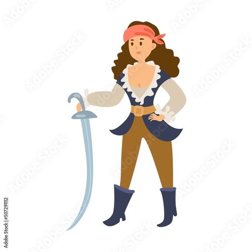 Pirate woman. Cute underwater animals, sea robbers cartoon illustration. Ship with anchor, crab, octopus, childish captain character on white background