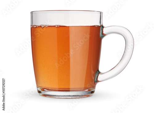 Glass cup of hot black tea isolated on white