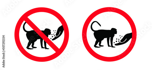 Stop, ddo not feed or touch, pet. No Hand feeds. For monkeypox or monkey pox infection, viral disease pictogram or logo. Infectious virus outbreak pandemic. Disease spread, symptoms or precautions ico photo