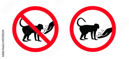 Stop, ddo not feed or touch, pet. No Hand feeds. For monkeypox or monkey pox infection, viral disease pictogram or logo. Infectious virus outbreak pandemic. Disease spread, symptoms or precautions ico