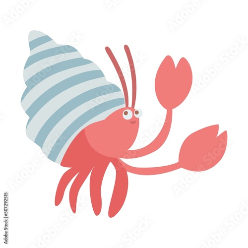 Hermit crab in the shell. Cute underwater animals, sea robbers cartoon illustration. Ship with anchor, crab, octopus, childish captain character on white