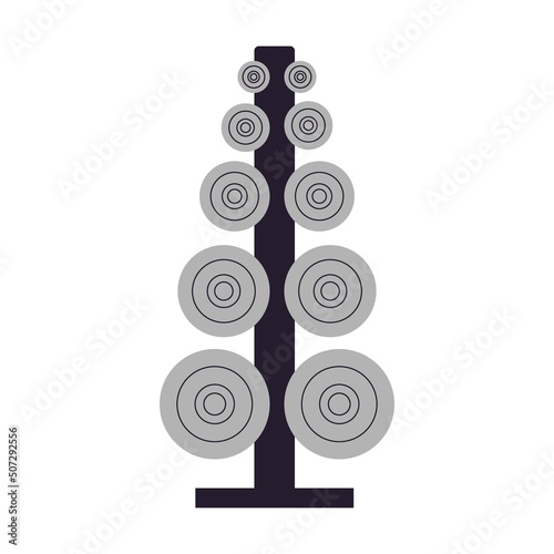 Rack with dumbbells in gym, vector illustration. Men and women performing fitness exercises in exercise class