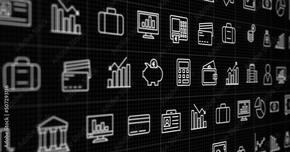 Image of rows of business icons moving on black background Image of rows of business icons moving on black background