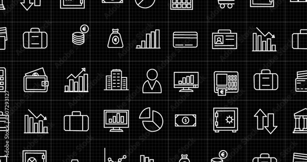 Image of rows of business icons moving on black background Image of rows of business icons moving on black background