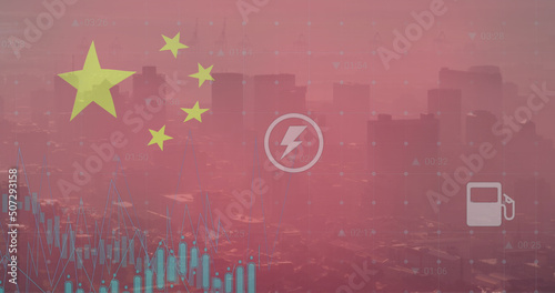 Image of flag of china and data processing over cityscape