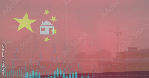 Image of flag of china and data processing over cityscape