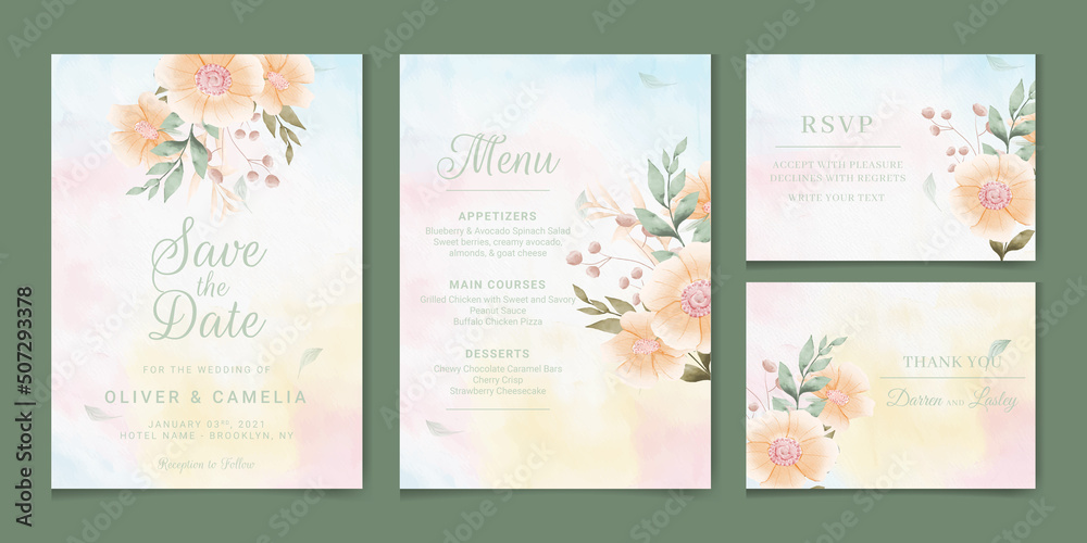 Hand drawn floral wedding invitation card template.  
