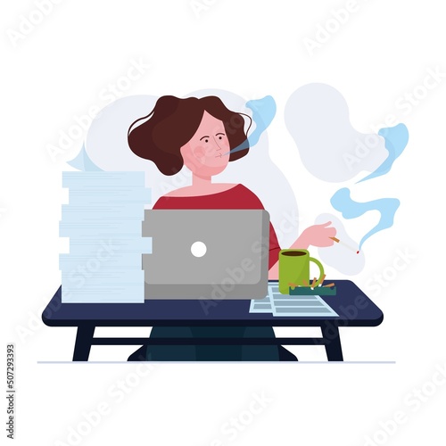 Smoking people. Office worker at workplace, young woman with cigarettes flat vector illustration. Design or landing web page