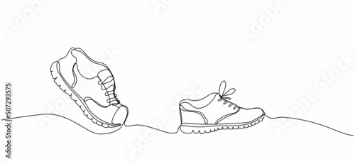 Continuous one line drawing of running shoes. Pair of Athletic Shoes. Fitness and sport concept. Vector illustration in minimalist style