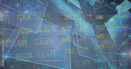 Image of stock market over shapes on black background