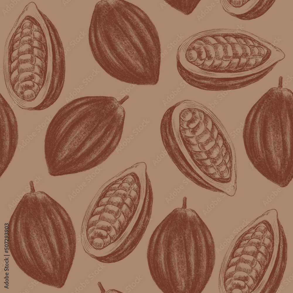 Beige and brown seamless pencil pattern with cocoa pods. Beige and brown seamless pencil pattern with cocoa pods.