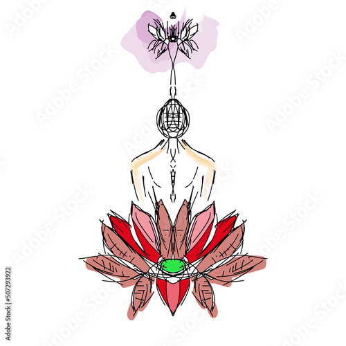 Meditation, root chakra, lotus, spiritual practices, yoga, freehand drawing, vector. Contemporary trendy art illustration