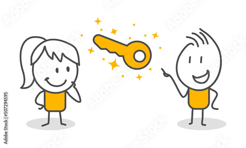 Stick figures. Key to success, business opportunity or solution concept. Banners, infographics, landing pages of the website.