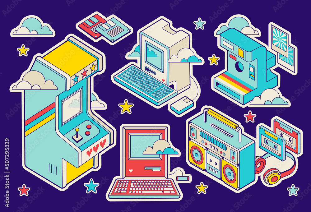 Nostalgia old technology stickers. Fun retro cartoon groovy items. Vintage computer, music, photo and game aesthetic. Isolated Patches, badges with Isometric icons. 90s retrowave style.