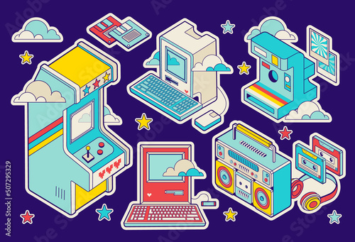 Nostalgia old technology stickers. Fun retro cartoon groovy items. Vintage computer, music, photo and game aesthetic. Isolated Patches, badges with Isometric icons. 90s retrowave style.