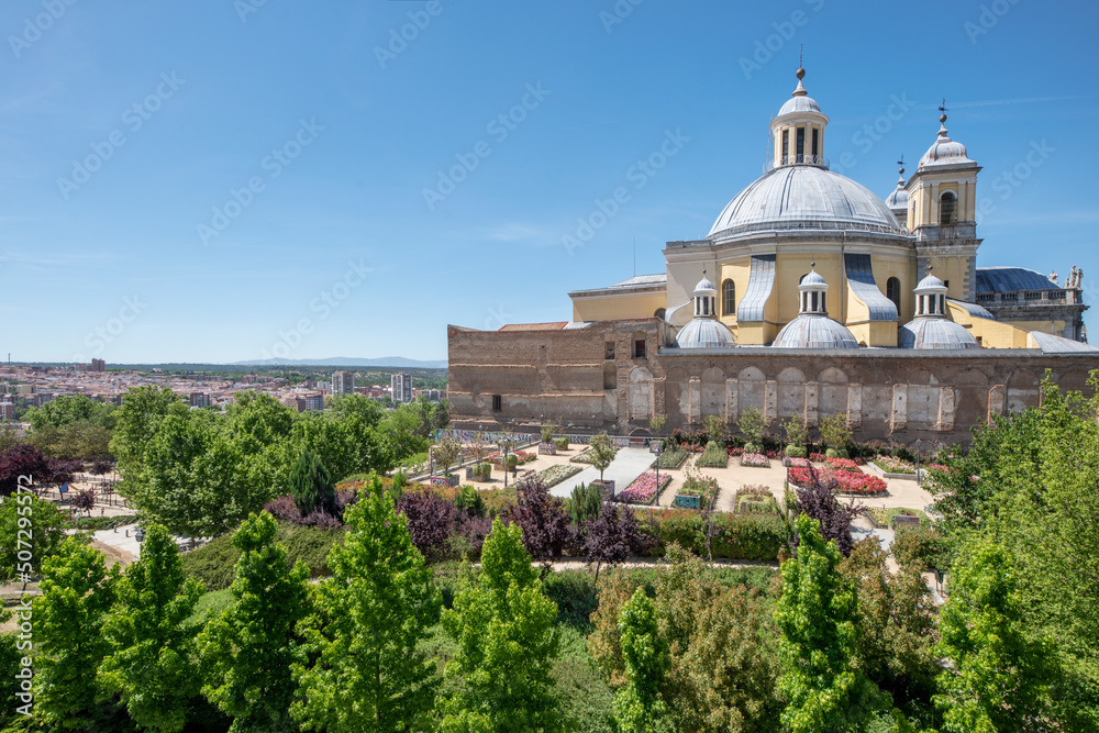 Side view of gardens and Royal Basilica of San Francisco El Grande in Madrid