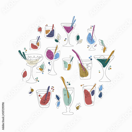 Alcohol Coctail Sign Round Design Template Thin Line Icon Banner on a White for Menu. Lineart illustration