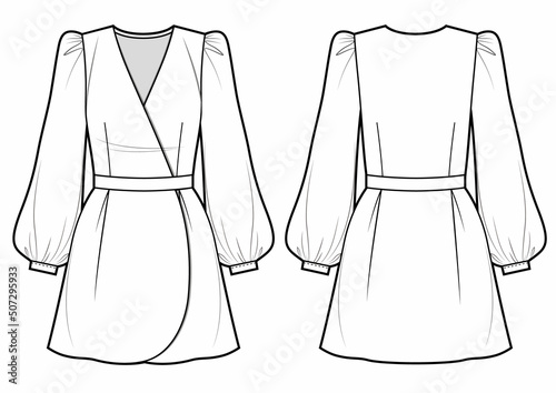 Vector illustration of wrap dress with puffy sleeves.