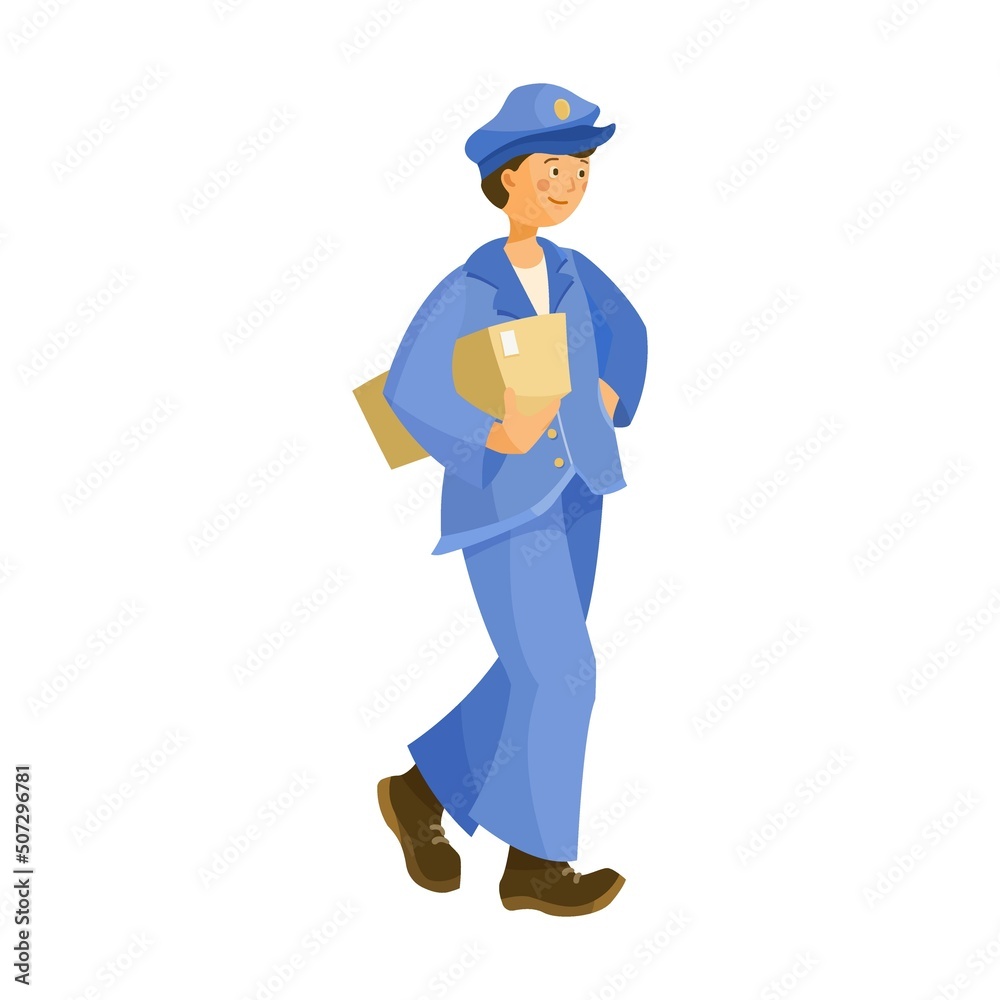Postman character and delivery service. Vector illustration of mailman with bag delivering letters and boxes. Cartoon postal bicycle and car