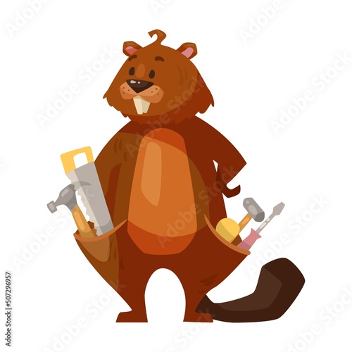 Beaver with tools in pockets cartoon illustration. Cute rodent with saw, meter ruler and hummer gnawing wood, sitting in lotus pose on white background