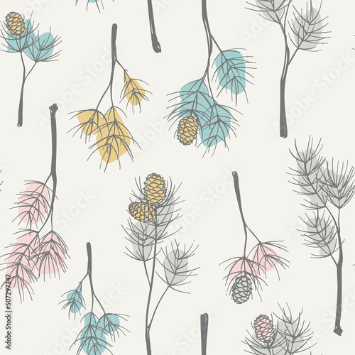 Seamless vector pattern with cedar branches and cones in pastel colors