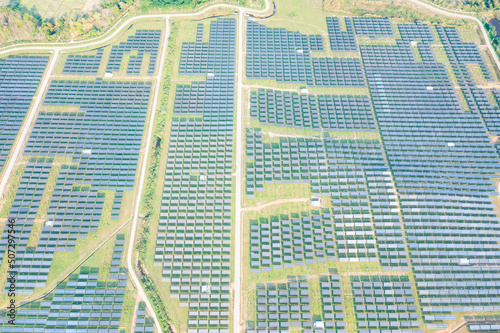 Solar farm  field or solar power plant in aerial view consist of photovoltaic cell in panel  landscape  technology. Industry for electric  electricity generation. Clean green power energy from nature.