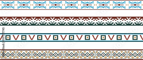 Vector set of seamless colored border ornaments. Native American tribal framework.