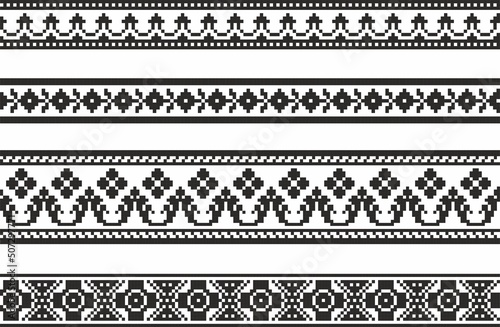 Vector monochrome seamless Ukrainian national ornament, embroidery. Endless ethnic floral border, Slavic peoples frame. black cross stitch..