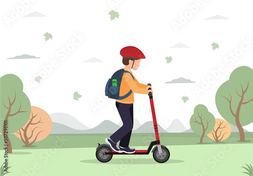 Happy boy in the helmet rides on a scooter in the park, healthy lifestyle concept, flat vector illustration