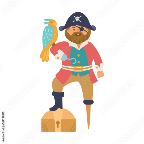 Pirate captain on wooden leg. Cute underwater animals, sea robbers cartoon illustration. Ship with anchor, crab, octopus, childish captain character on white
