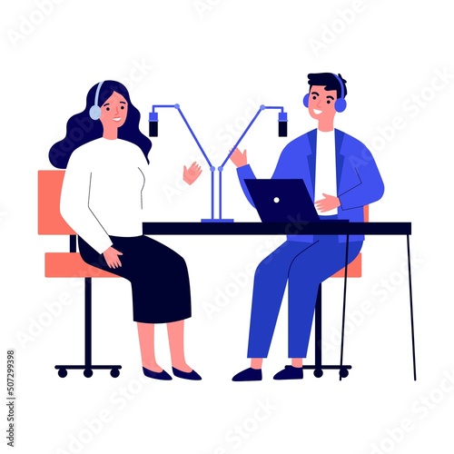 People listening speakers from broadcasting station flat vector illustration. Radio and technology concept