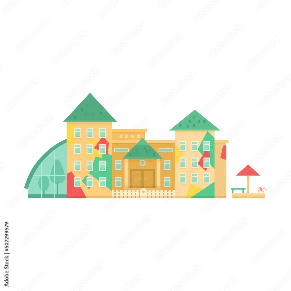 Educational institution cartoon illustration. Front view of high and elementary school, university, kindergarten and school of modern art Educational institution cartoon illustration. Front view of high and elementary school, university, kindergarten and school of modern art