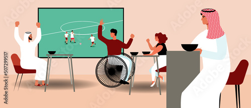 Arab football fans from Qatar in multicultural sports bar, Flat vector stock illustration with inclusive society as support for football photo