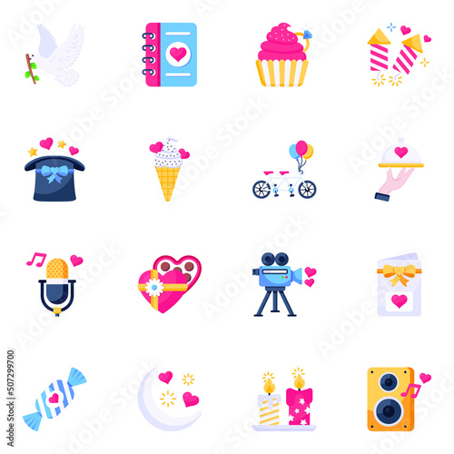 Valentine Food and Celebrations Flat Icons 