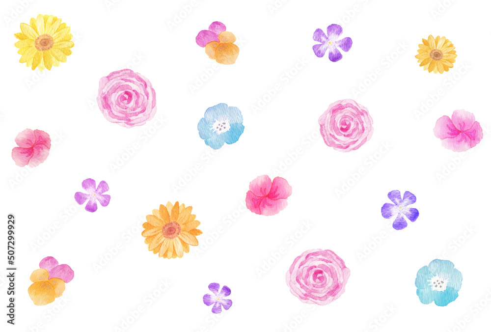 イラスト素材：水彩絵の具で手描きした華やかでカラフルな花々のシームレスパターン背景
