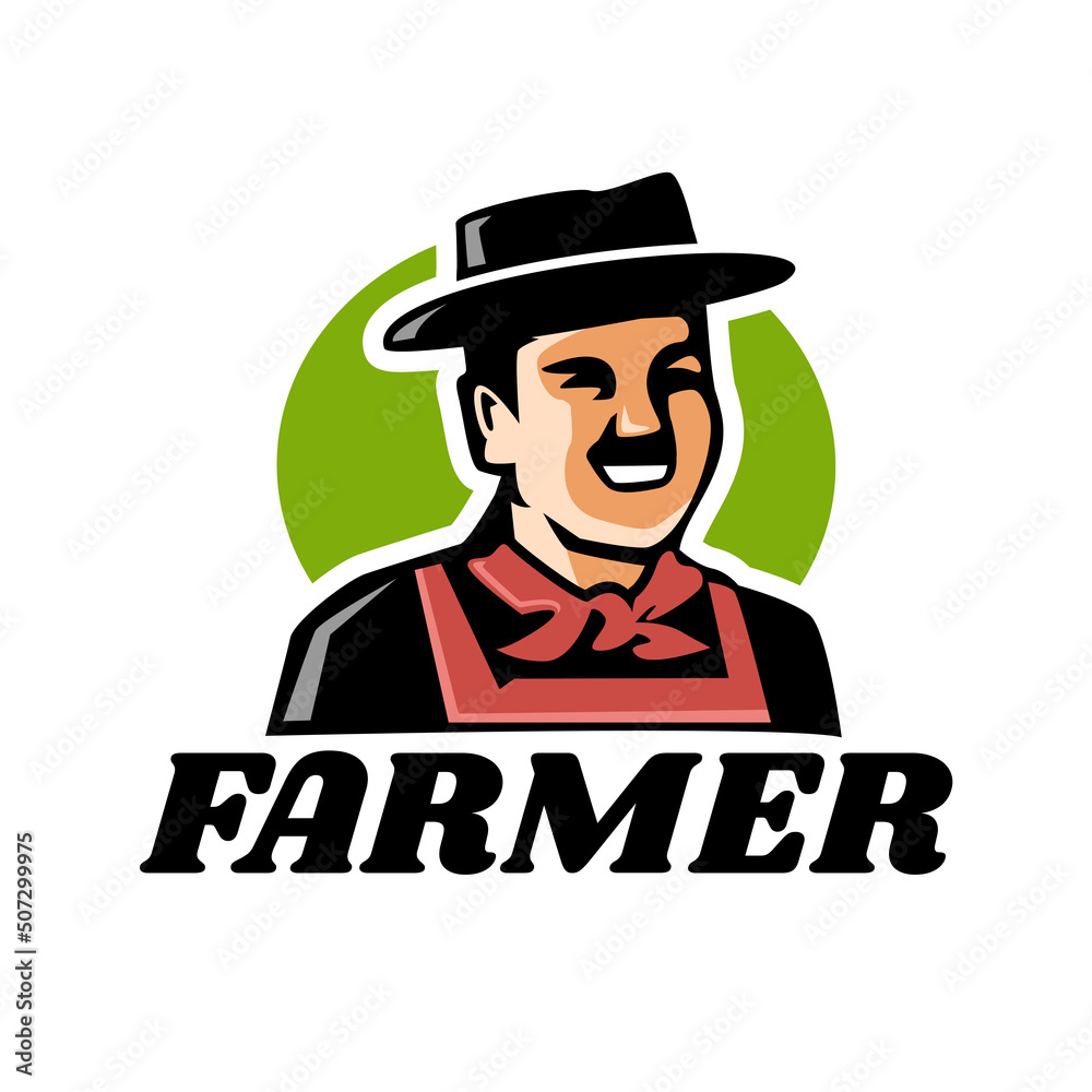 Farmer, agriculture logo. Happy farmer, grower in cartoon illustration