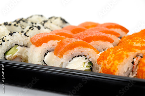 Set of sushi rolls California with crab, Philadelphia roll with cream cheese, canadian roll with shrimp