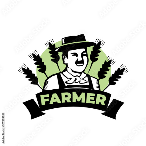 Farmer, agriculture logo. Happy farmer, grower in cartoon illustration