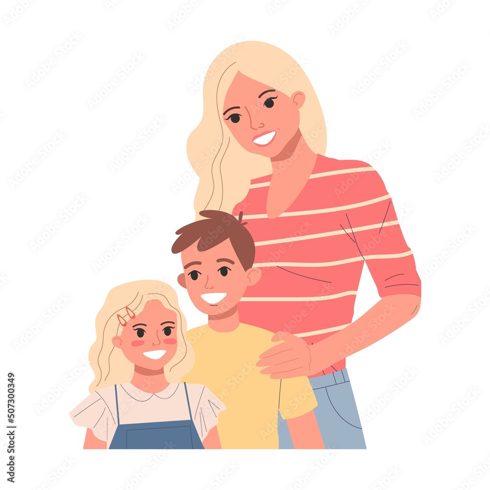 Young mother and her children. Happy family couple with kids. Parents and children standing together, hugging flat vector illustration Young mother and her children. Happy family couple with kids. Parents and children standing together, hugging flat vector illustration