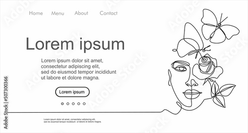 Woman face continuous one line vector drawing. Style templates with abstract female face and rose. Can used for logo, emblem, slide show and banner. Illustration with quote template. 