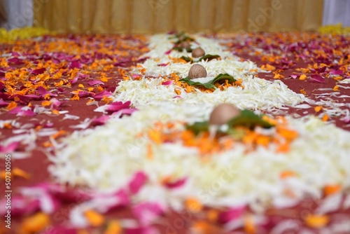 Beautiful Petals of Flowers and Betel Leaf and Nut For Saptapadi Ceremony
