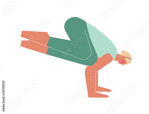 Vector isolated illustration with flat female character. Sportive woman learns posture Parsva Bakasana at yoga class. Fitness exercise - Side Crow (Crane) Pose