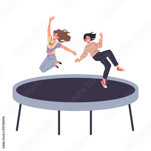 Teenage friends jumping on trampoline. Teens enjoying activity, having fun flat vector illustration. Bouncing, tumbling, joy concept