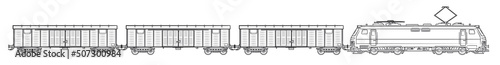 Electric cargo train with livestock wagon - outline vector stock illustration.