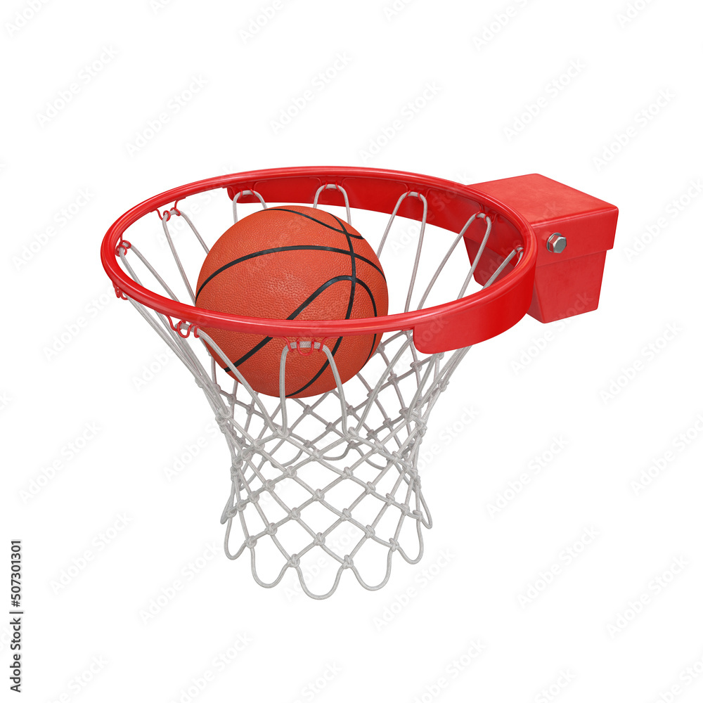 Basketball in a red rim on a white background, 3d render