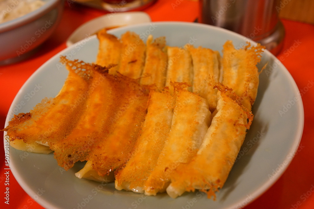 Yaki Gyoza or Grilled Dumplings Snack with soy sauce - 焼き餃子 醤油 Yaki Gyoza or Grilled Dumplings Snack with soy sauce - 焼き餃子 醤油