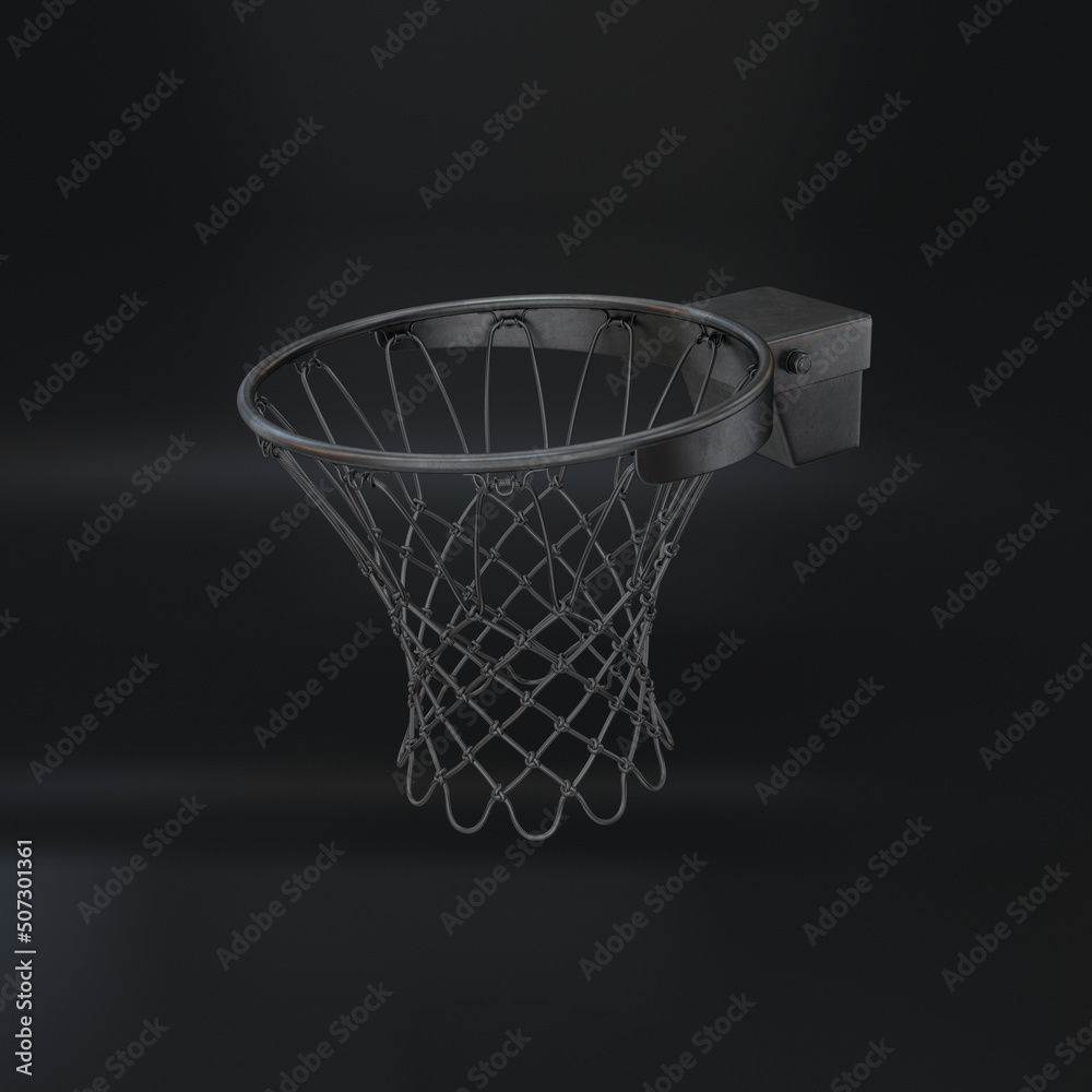Black basketball rim floating on a black background, 3d render
